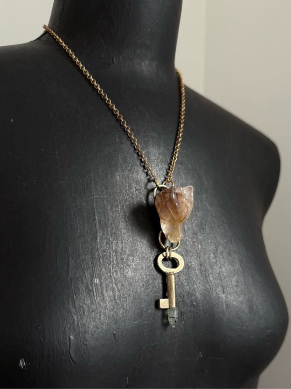 Golden healer dragon crystal necklace pendant with vintage antique key epidote